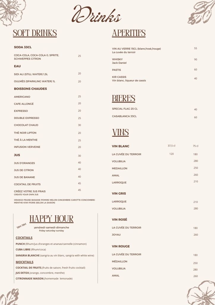 Carte des boissons